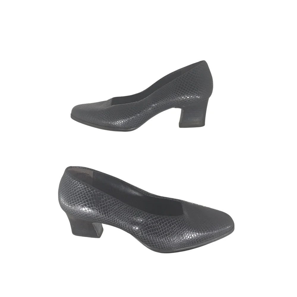 Calico Pumps 6.5M Black Snakeskin Embossed Leather Block Heel Office Classic